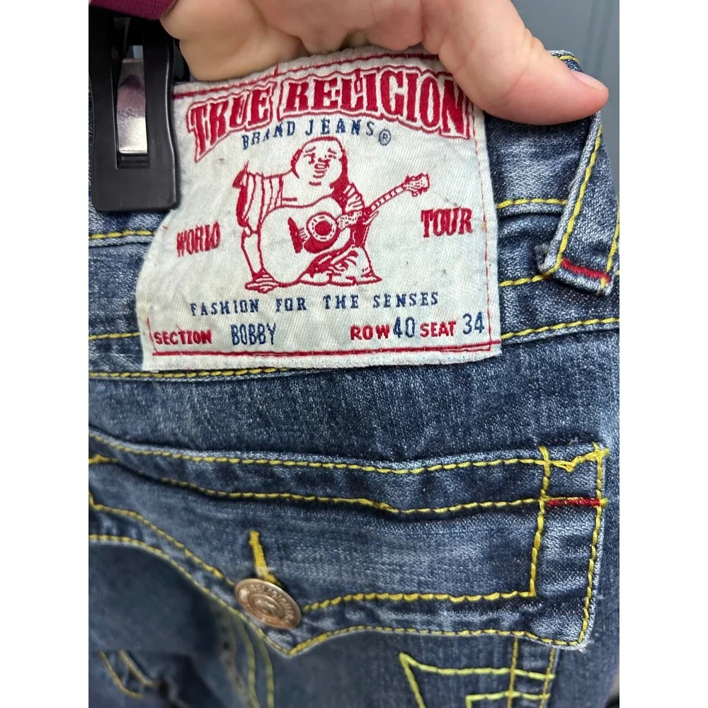 True Religion Bobby Mens Blue Jeans Yellow Contrast Thick Stitch Straight 40x34